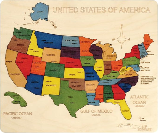 USA Map Wooden Jigsaw Puzzle for Kids | 44 Puzzle Pieces | Learning & Educational Toy Gift for Boys & Girls Ages 3 Years and Above