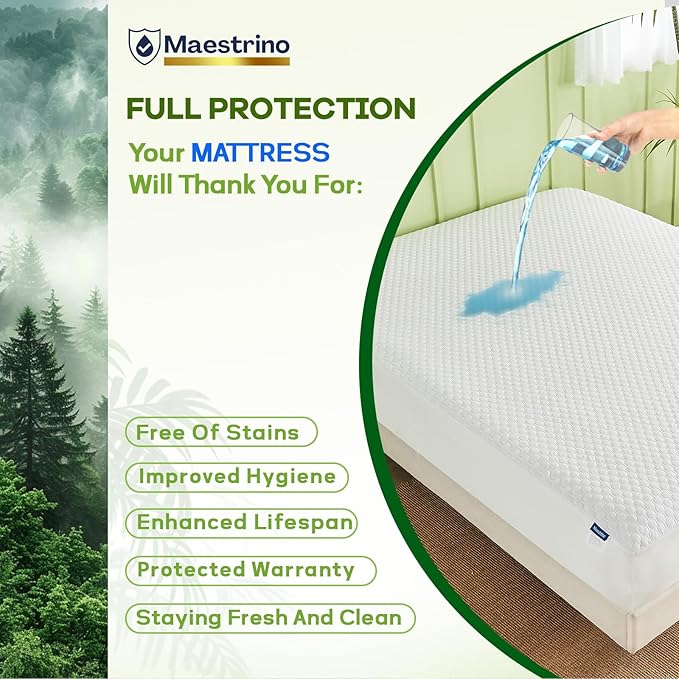 Premium Tencel Queen Mattress Protector in White, Natural and Skin Soft, Enjoy Our Waterproof Mattress Cover Fitted with A Deep Pocket, Hypoallergenic, Breathable, Noiseless and Absorbent