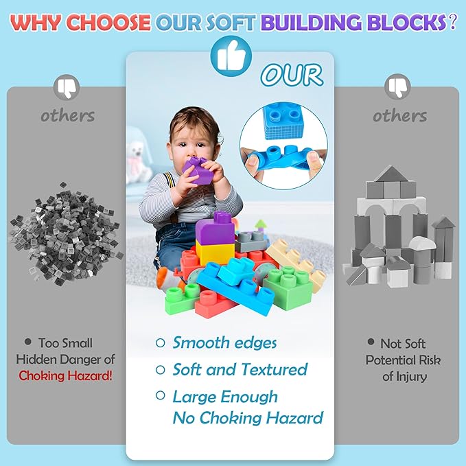 80PCS Baby Blocks Set with Storage Bucket, Blocks for Babies 6 Months and Up STEM Educational Toddler Gifts, Rubber Soft Blocks Big Building Blocks Sensory Stacking Toys