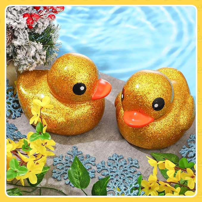 Honoson 2 Pcs 6.89 Inch Giant Glitter Rubber Ducks Big Sparkly Rubber Ducks Jumbo Bathtub Toys with Squeaky Sound for Baby Shower Pool Activity Birthday Gift(Glitter,Gold)