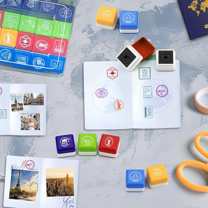 28 Pcs Passport Stamps for Kids with Storage Box – City and Country Rubber Stamp Set for Learning, Travel Theme, Arts and Crafts, Scrapbooking, Classroom Activities