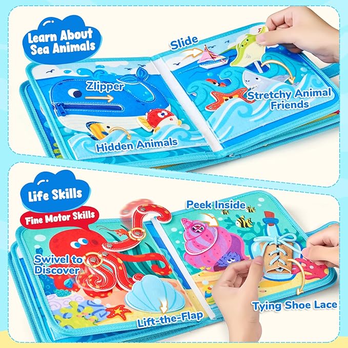 JoyCat Ocean Busy Book for Toddlers 1-3 - Travel Toy Activity Book for 1 2 3 Year Old Boys Girls, Educational Travel Toy with Sea Animals & Life Skills, Toddler Birthday Gift, Autism Sensory Toys