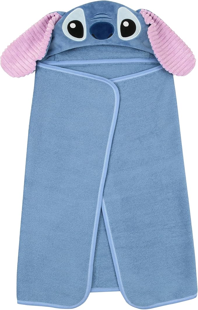 Lambs & Ivy Disney Stitch Luxury Blue Cotton Terry Hooded Baby Bath Towel