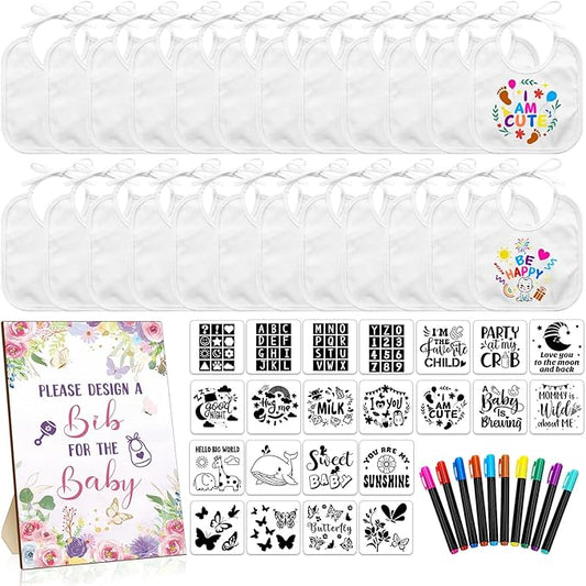 Newwiee 55 Pcs White Bibs for Baby Decorating Design a Bib Decorate Plain newborns Bibs Wooden Sign for Baby Shower Games Kit