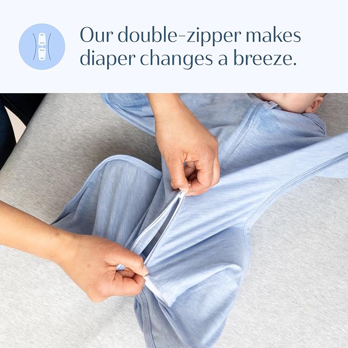 SleepingBaby Zipadee-Zip Transition Swaddle - Cozy Baby Swaddling Blanket with Zipper Convenience - Roomy Wearable Blanket for Easy Diaper Changes - 6-12 Month - Baseline Blue Heather