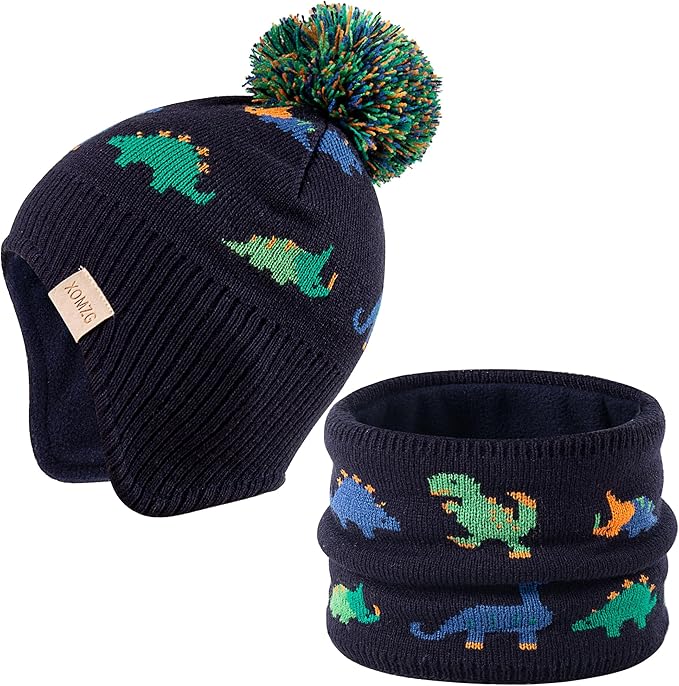 Beanie Knit Hats for Toddlers with Earflap Fleece Lined Hat Kids Warm Winter Hat Scarf Set Children's Thick Ski Cap