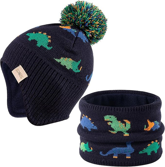 Beanie Knit Hats for Toddlers with Earflap Fleece Lined Hat Kids Warm Winter Hat Scarf Set Children's Thick Ski Cap