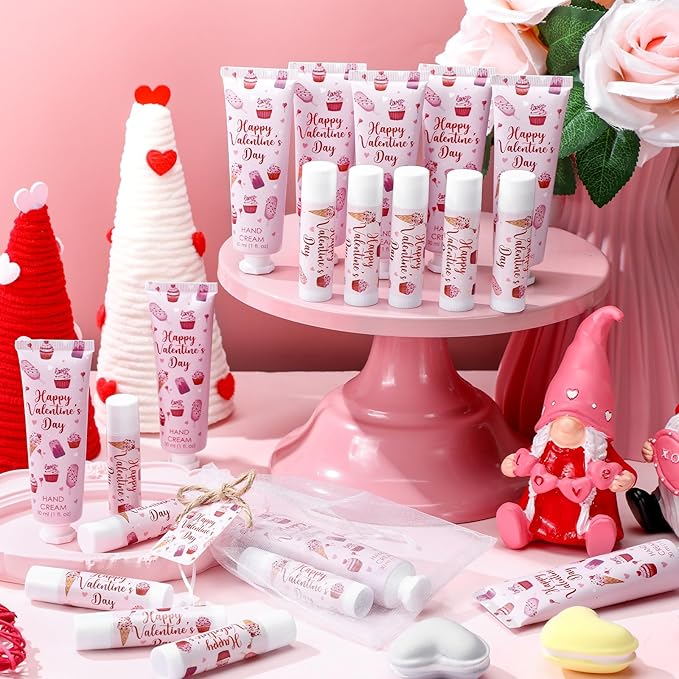 24 Sets Valentines Day Hand Cream and Lip Balm Gift Valentine's Day Party Favors for Guest Strawberry & Cherry Travel Size Hand Lotion and Lip Balm Bulk Bridal Shower Party Supplies