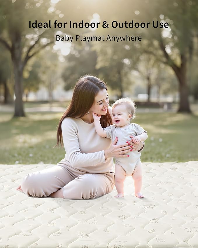 Fortella Baby Play Mat for Playpen & Floor, 47“x47” Foldable Foam Padded Playmats for Babies Toddlers Kids, Washable Soft Non-Slip Crawling Rug, Newborn Tummy Time Nursery Gym Activity (Forest Beige)