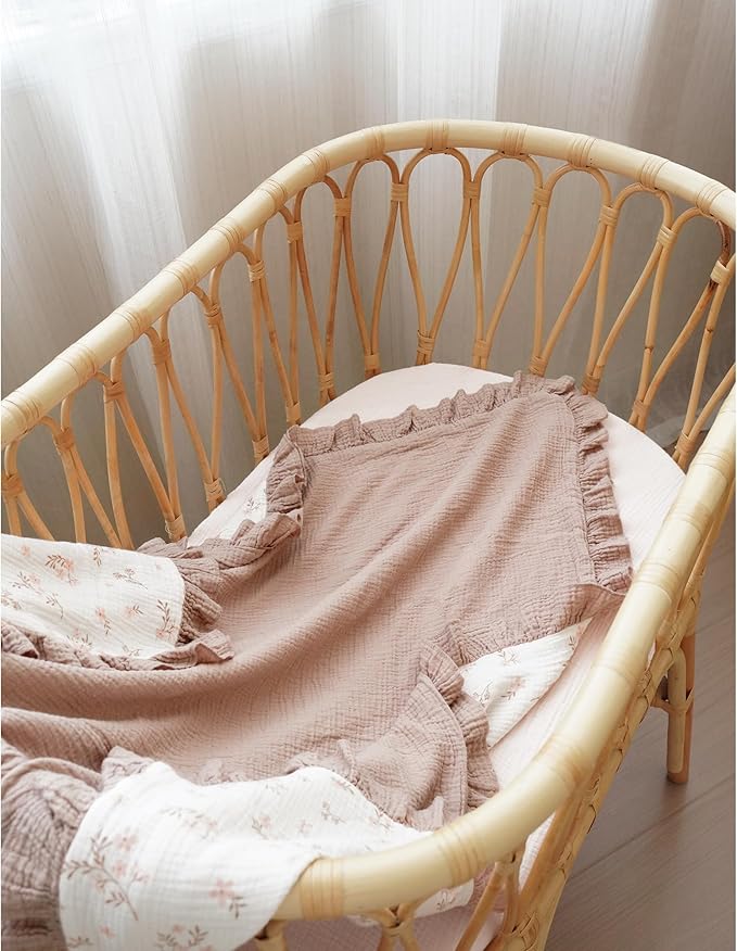 Konssy Flounce Muslin Baby Blankets, Cotton Crib Blanket for Baby Infant Toddler, Super Soft and Lightweight Nursery Blankets 40"x36" (Petal Dream)