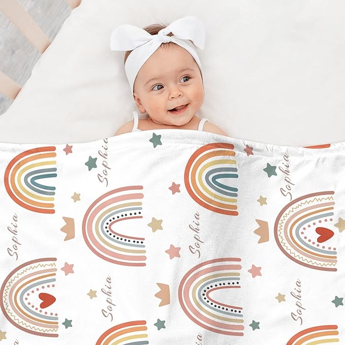 Custom Boho Rainbow Blanket with Name, Personalized Nursery Receiving Blankets for Baby Girls, Customized Newborn, Christmas Birthday Gifts for Girls