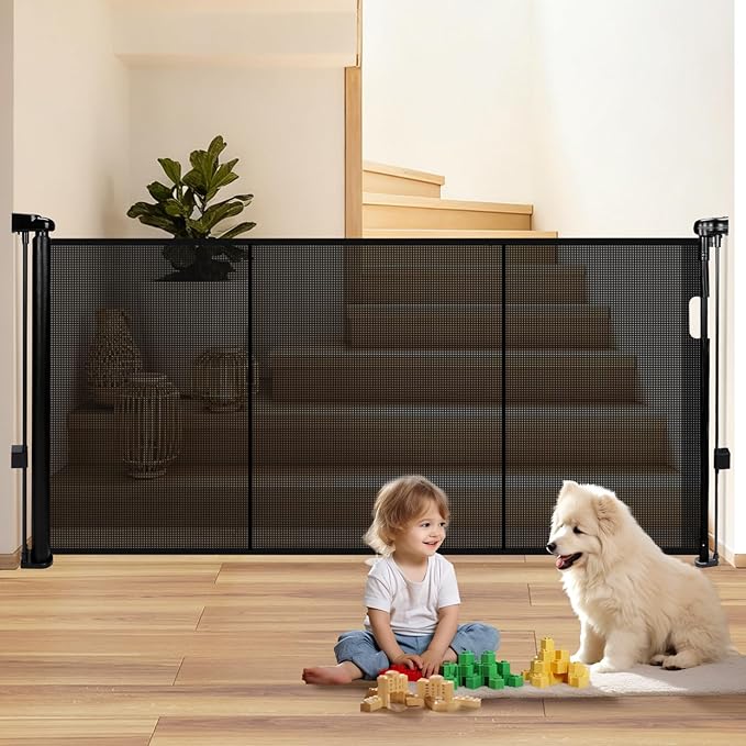 55" Retractable Baby Gate Extra Wide, 41" Tall Retractable Dog Gate for Stairs, Doorways, Decks, Mesh Gate Long Child Gate Pet Gate for Indoor, Outdoor, with Reinforced Mesh Rods, Dual Locks