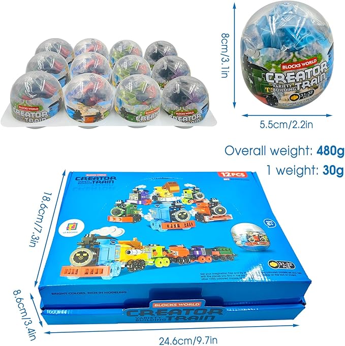 Mini Building Block Sets, 12PCS Vehicle Train Toys Building Blocks, 6 in 1 STEM Toys Eggs Building Sets, Party Favors for Kids Goodie Bags Prizes/Birthday Gifts