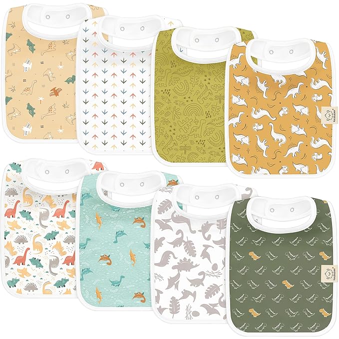 KeaBabies 8-Pack Organic Baby Bibs for Boys, Girls - Super Absorbent Cotton Drool Bibs for Baby Girl & Boy, Teething Toddler, Drooling Newborn, Ultra Soft & Machine Washable (Mesozoic)