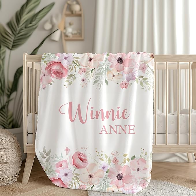 Personalized Baby Blanket for Girl, Baby Girl Blankets, Blush Pink Floral Custom Name Blanket for Girls, New Mom Newborn Gift, Birthday