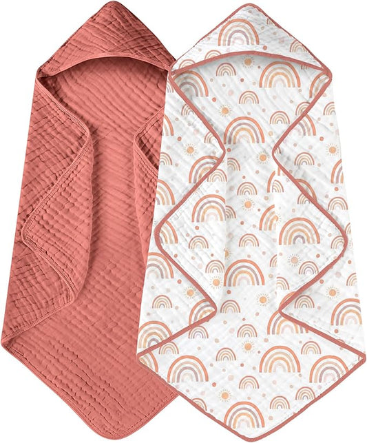 Yoofoss Hooded Baby Towels for Newborn 2 Pack 100% Muslin Organic Cotton Baby Bath Towel with Hood for Babies, Infant, Toddler and Kids, 32x32Inch, Soft and Absorbent Newborn Essential,Pink Rainbow