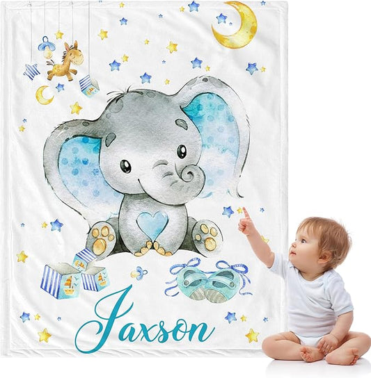 J&SBGFT Custom Baby Blanket with Name, Elephant Receiving Blanket for Toddlers Kids Nursery Stroller Crib Cuddles