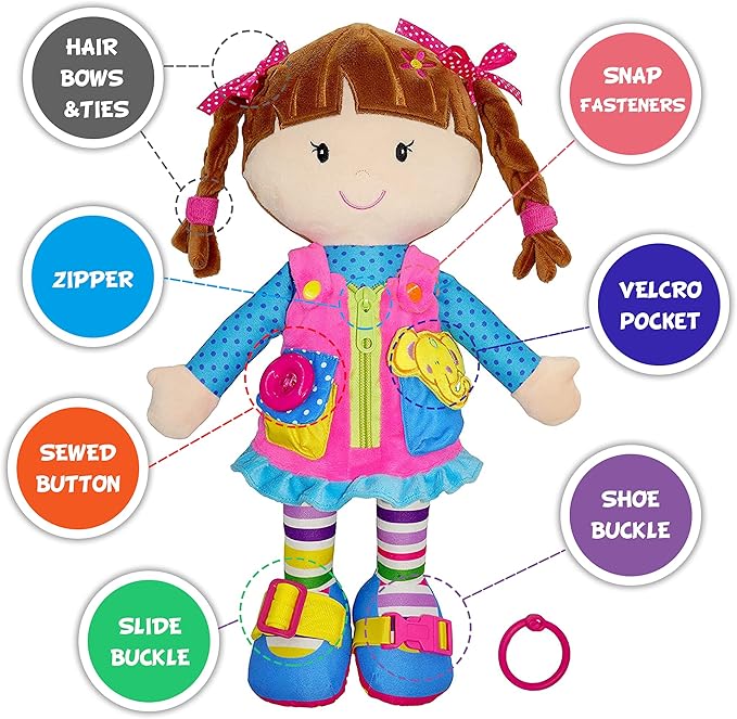 June Garden 15.5" Dressy Friends Belle - Educational Stuffed Plush Doll for Kids and Toddlers 2 Years and Up - Montessori Buckle Soft Toy
