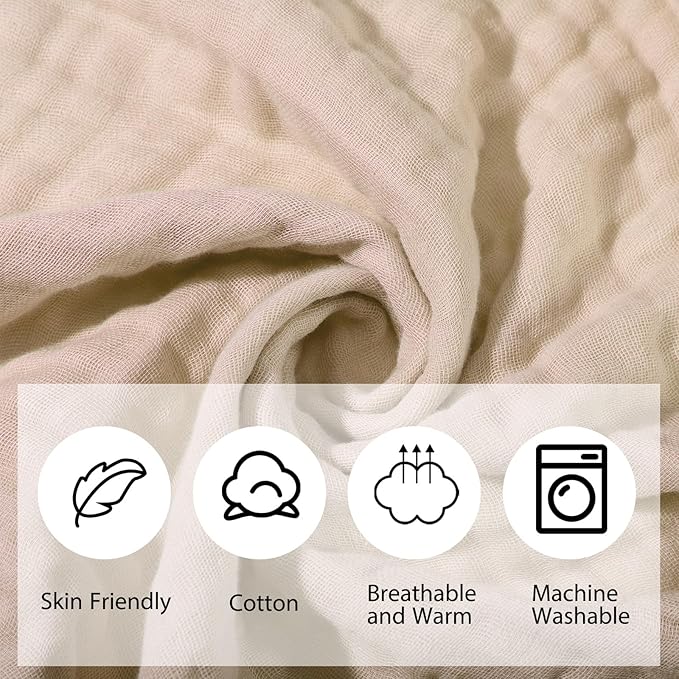 VitalCozy 6 Pcs Baby Muslin Hooded Bath Towels and Washcloths, 32 x 32 Inch Cotton Absorbent Blankets for Newborn Infant Shower Gift (White, Beige)