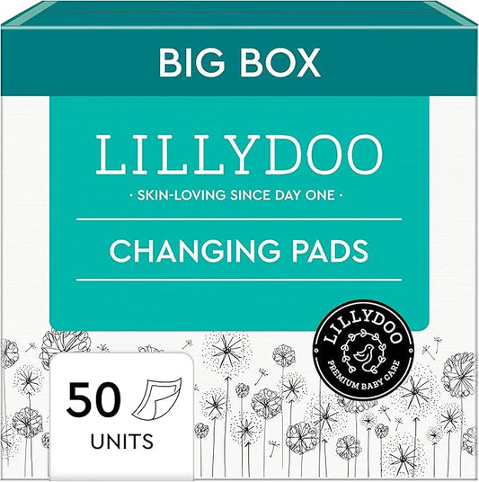 LILLYDOO Disposable Baby Changing Pads Liners 50 Count 23,6" x 23,6" Super Soft, Without Perfumes & Lotions, for Sensitive Skin, Dermatologically Tested