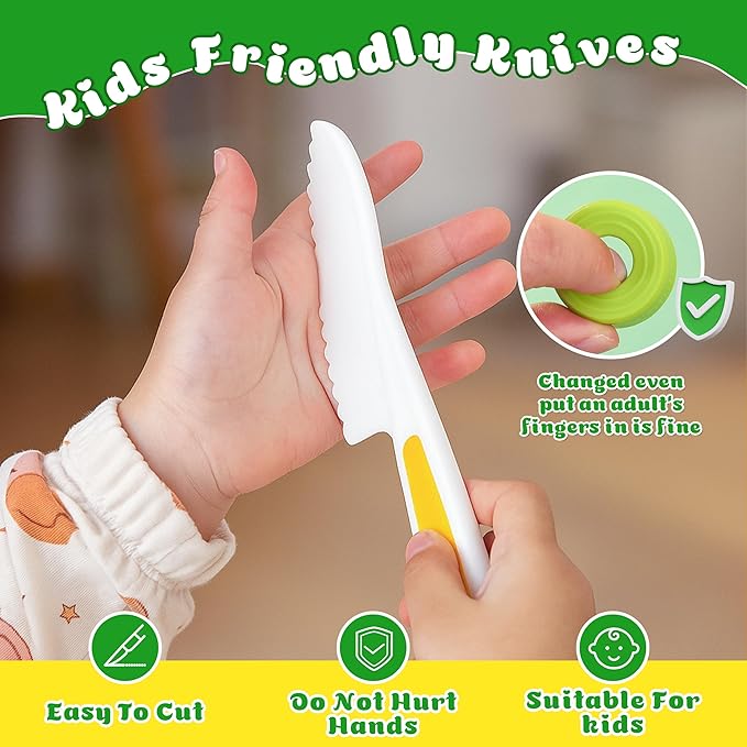 Kids Knife Set for Real Cooking 15Pcs Montessori Kitchen Toys for Toddlers Cooking Sets with Plastic Children Safe Knives Crinkle Cutter Cutting Board Kids Apron Chef Hat Gifts Toddler Toys