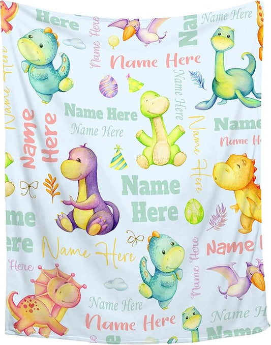 Personalized Baby Blanket for Girls Boys Dinosaur Custom Baby Blanket with Name Swaddle Blanket for Toddlers Infants Kids Shower Newborns Nursery Stroller Crib Decor Throw Birthday Gift