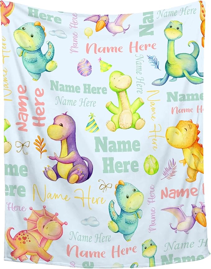 Personalized Baby Blanket for Girls Boys Dinosaur Custom Baby Blanket with Name Swaddle Blanket for Toddlers Infants Kids Shower Newborns Nursery Stroller Crib Decor Throw Birthday Gift