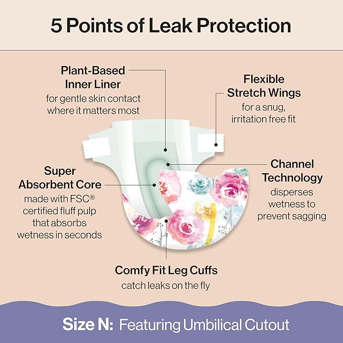 The Honest Company Clean Conscious Diapers for Delicate Skin, Up to 100% Leakproof Hypoallergenic Fragrance-Free Baby Diapers, Girl Prints, Club Box, Size Newborn, 72 Count (Prints May Vary)