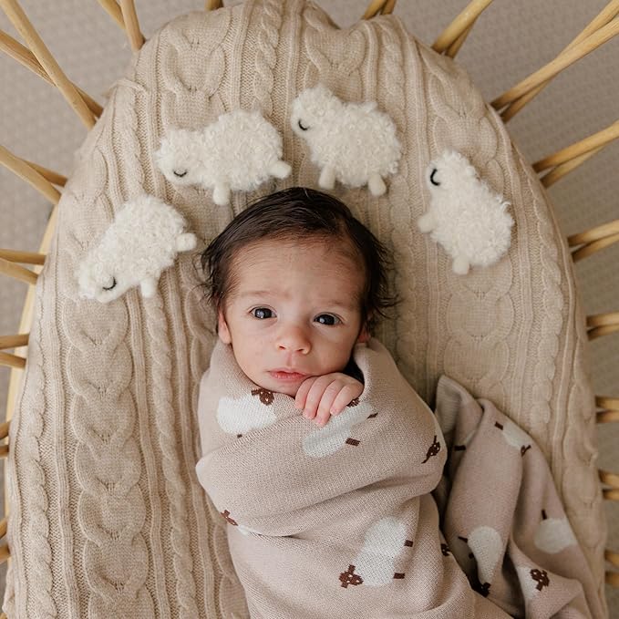 Knit Baby Swaddle Blanket - 100% Cotton Soft Cozy Lightweight Unisex Receiving Swaddling Stroller Quilt Blanket for Shower Gift Registry for Newborns Infants & Toddlers (Sheep - Grey)