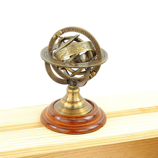 Nagina International Vintage Zodiac Armillary Brass Sphere Globe Wooden Display | Pirate's Antique Ship Decor (Small, Brass)