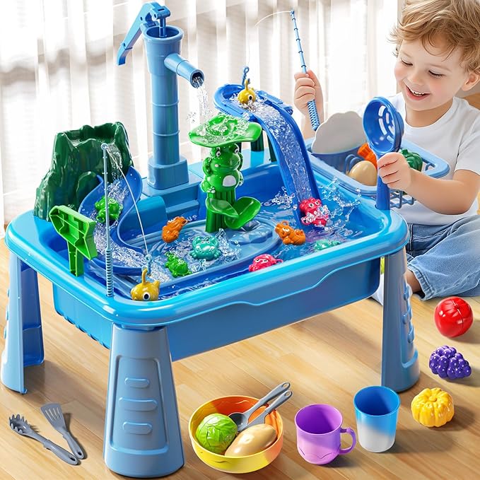 Water Table Play Sink Toy for Kids 2 3 4 5 6 Years Old - Outdoor Kitchen with Running Water, Fishing Games, Toddler Water Play Table for Kids Ages 3-8, Beach Outdoor Toys, Summer Gifts