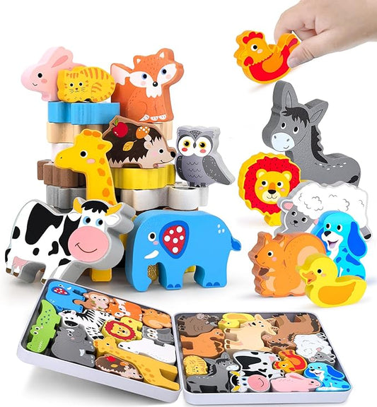 Wooden Animal Puzzles Toys for Toddlers,24 Pcs Farm and Safari Animal Figures,Animal Matching Sorting Stacking Toys for Boys Child Girls,Educational Learning Toys Gift for Kids