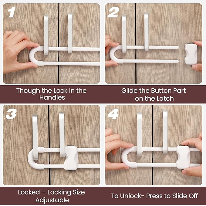 Jetec 10 Pieces Cabinet Locks for Babies, U-Shaped Proofing Drawers Safety Child Locks Adjustable, Easy to Use Childproof Latch for Knob Handle on Kitchen Door Storage Cupboard Closet (Brown,White)