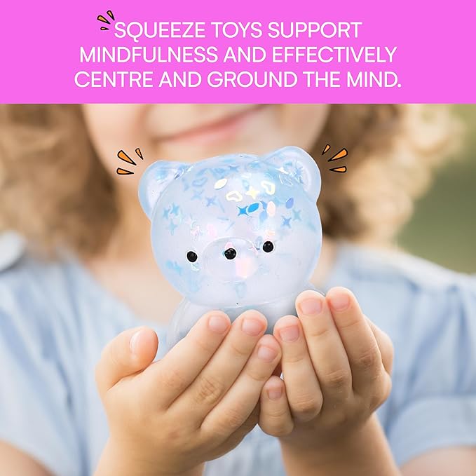 Neliblu Set of 4 Glitter Teddy Bear Squishies - Calming Sensory Toy for Stress Relief, Autism, ADHD - Cute Bear with Huggable Shapes - Gold Silver Pink Purple - Gift for Kids