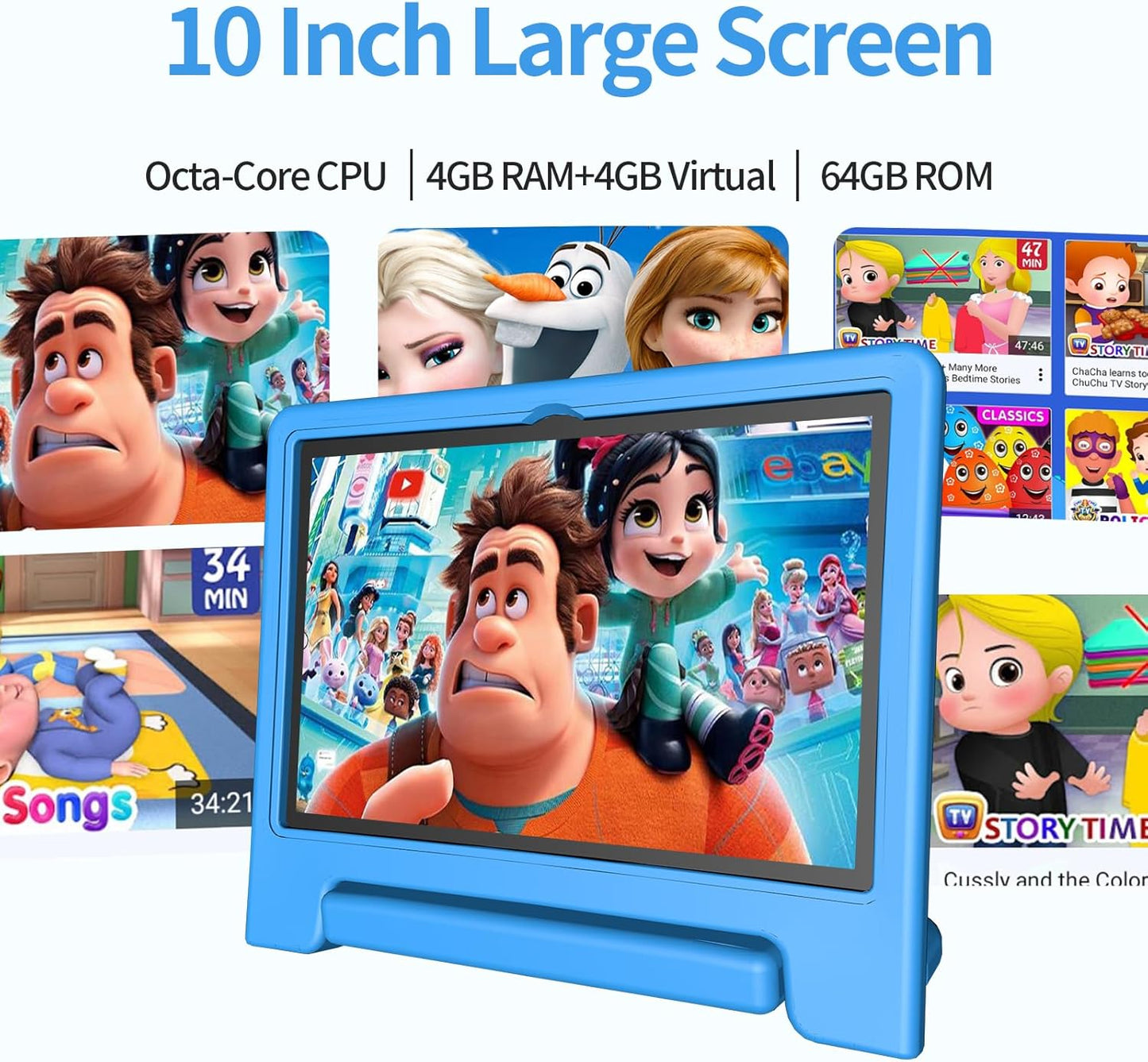 JREN Tablet for Kids｜10 Inch Kids Tablet Android 14｜Octa-core｜64GB｜WiFi ｜Bluetooth｜Parental Control｜Children Content｜Children Toddler Blue