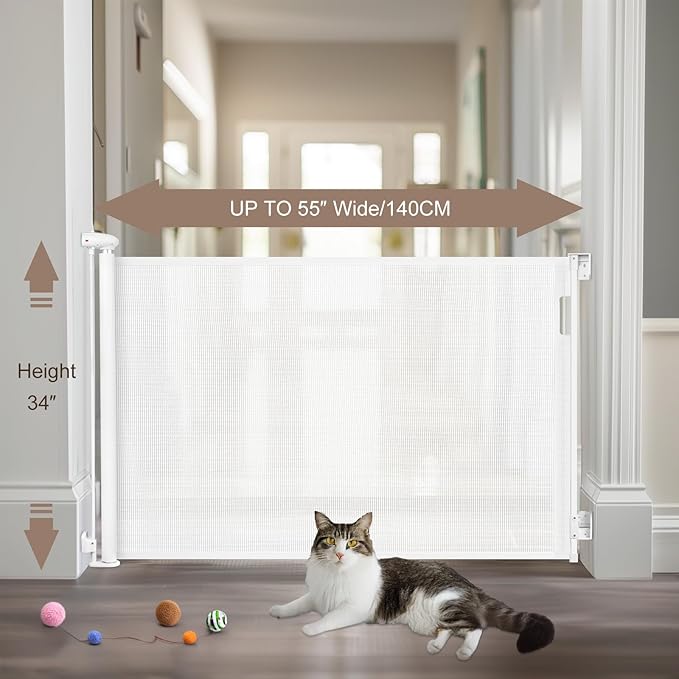 Retractable Baby Gates Extra Wide, 34" Tall Extends up to 55" Wide, Dog Gate Indoor for Stairs, Pet Gate with Support Rods for Doorways Hallways Indoor & Outdoor-White