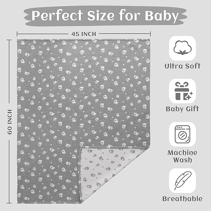 NTBAY 3 Layer Oversized Muslin Cotton Toddler Blanket, Jacquard Reversible Nursery Bed Blanket, Super Soft and Thermal for All Seasons, Baby Gift, 45"x60", Dark Grey Elephant