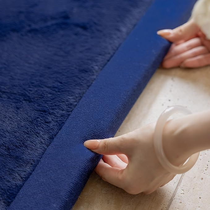 Loartee Faux Rabbit Fur Rug - 1.18" Thick Soft Fluffy Area Rug, Non-Slip Memory Foam Crawling Mat, Dark Blue, 71"x78"