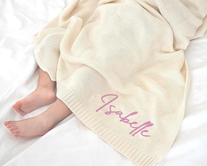 NAZENTI Custom Knit Baby Blanket, Embroidered Name Nursery Blanket, Newborn, Cotton Knit Stroller Blanket, Personalized Baby Knit Blanket Gifts