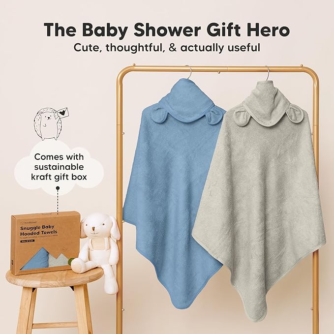KeaBabies 2-Pack Hooded Baby Towels for Newborn - 30x30 Soft & Absorbent Viscose from Bamboo Baby Bath Towels with Hood for Infant, Toddler,Kids,Boys Girls,Newborn Bath Essentials (Steel, Petite)
