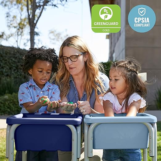 ECR4Kids 2-Station Sand and Water Adjustable Play Table, Sensory Bins, Navy/Powder Blue
