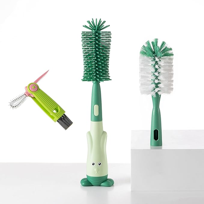 Chemimoso Cup Cleaning Brush, Silicone Baby Bottle Brush with Stand, Large Handle Water Bottle Brush Cleaner Set, with a Tiny Cup Lid Gap Cleaning Brush, Cup Lid Cleaner Brushes Kit, Green