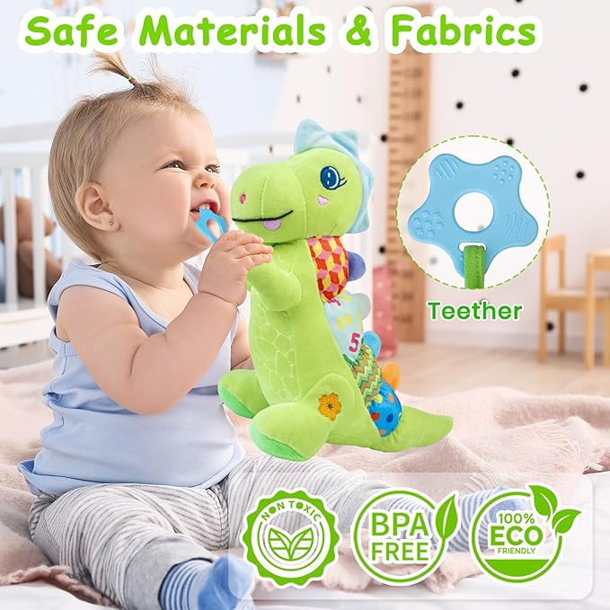 Baby Dino Plush Soft Stuffed Animal Toy for 0-3-6-12+ Months,Infant Musical Toy with Rattle,Squeaker,Sensory Crinkle,Teether & Textures,Tummy Time Toys Christmas Baby Gift for Newborn Girl Boy (Green)
