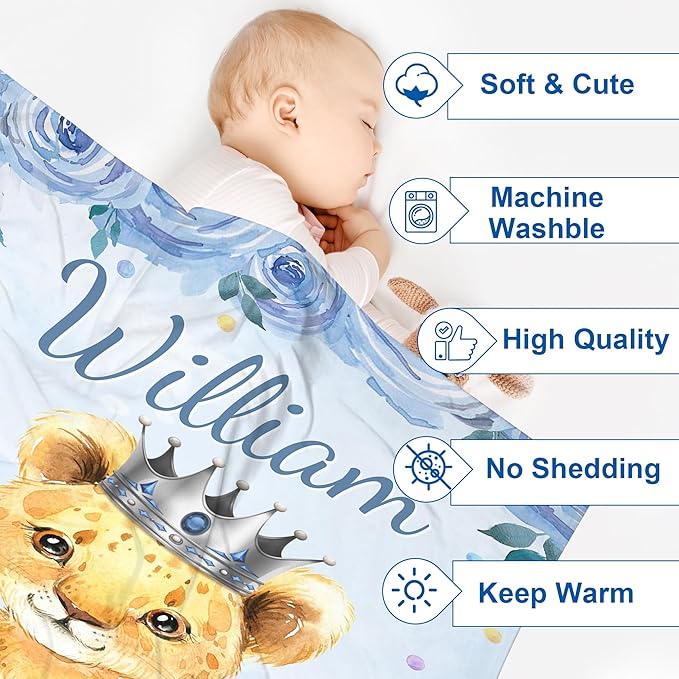 J&SBGFT Personalized Baby Blankets, Custom Baby Blanket with Boys' Name, Receiving Blankets for Toddlers & Kids, Nursery, Stroller & Crib Decor Throw Blue Lion