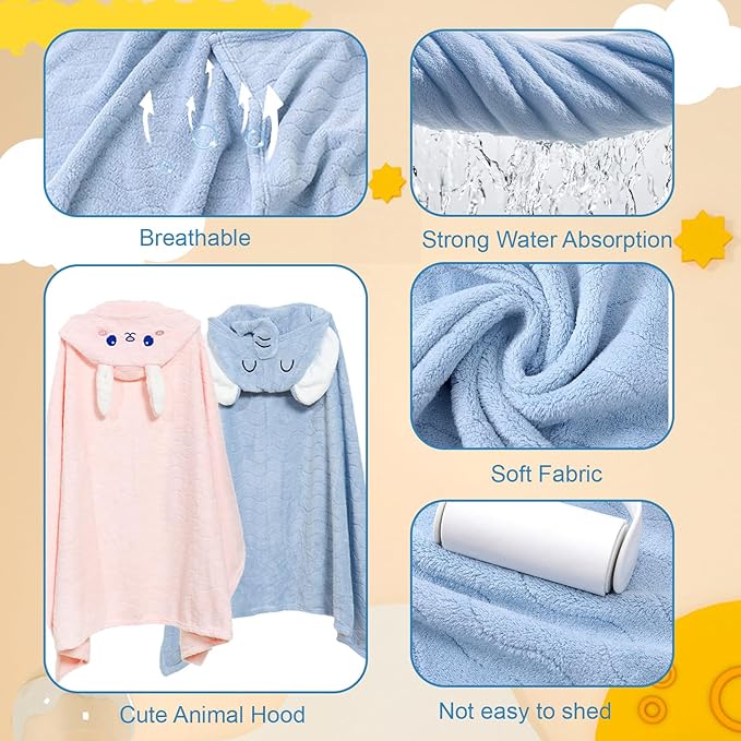 Hooded Baby Towels 2 Pack Coral Fleece, Luxuriously Thick Hooded Towels Soft Shower Bath Towel for Newborn, Infant, Toddler (Blue & Pink)