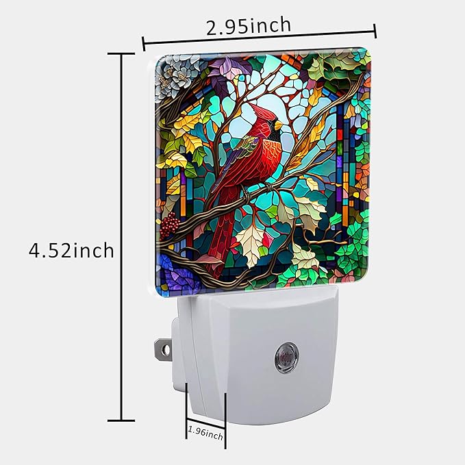Plug in Night Lights Christmas Stained Glass Cardinal Bird Nightlight Plug Into Wall Dusk to Dawn Sensor LED Night Light for Kid Girls Boys Room Decor,Hallway,Kitchen,Bathroom,Nursery,Stairs