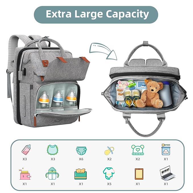 Diaper Bag Backpack with Changing Station, Large Diaper Bag, Baby Bag, Multifunctional Diaper Bag, Gray