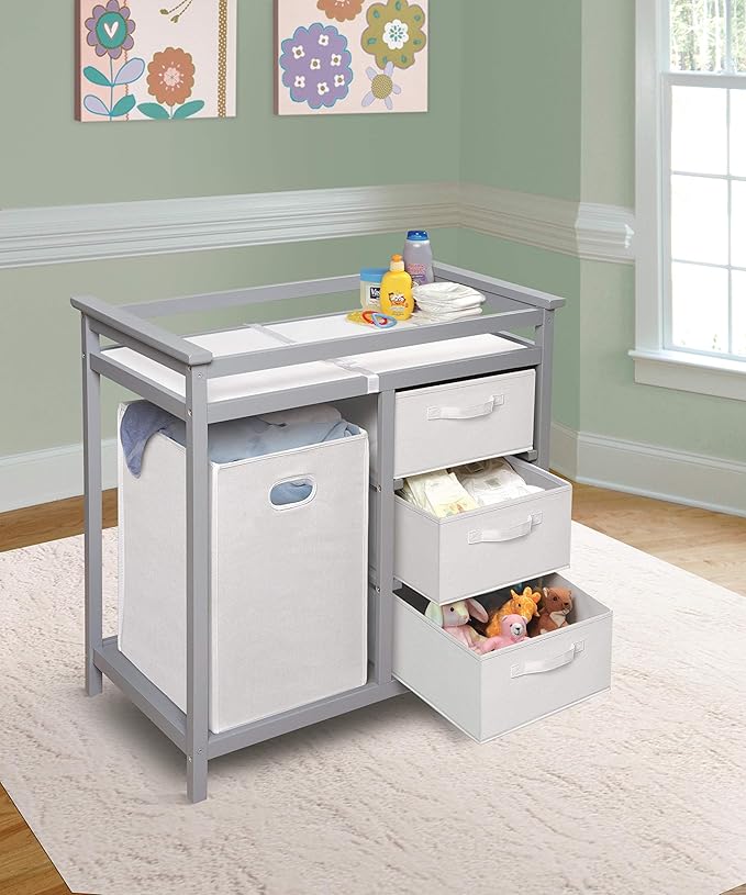 Badger Basket Modern Baby Changing Table - Nursery Furniture with Laundry Hamper and 3 Storage Drawers - Diaper Changing Station with Safety Belt, Changing Pad, and Organizer Baskets - Gray and White