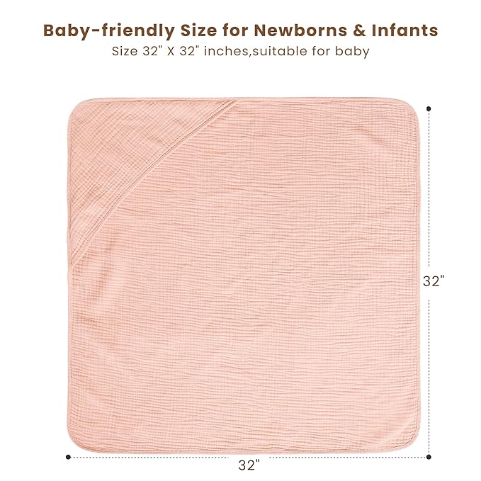 Konssy 2-Pack Muslin Hooded Baby Towels, 100% Cotton, Ultra-Soft & Absorbent Baby Bath Towels with Hood for Newborn & Infant (Pink, Floral,32" x 32")