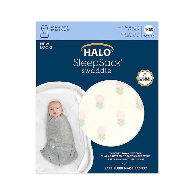 HALO Micro-Fleece Sleepsack Swaddle, 3-Way Adjustable Wearable Blanket, TOG 3.0, Block Flower, Small, 3-6 Months